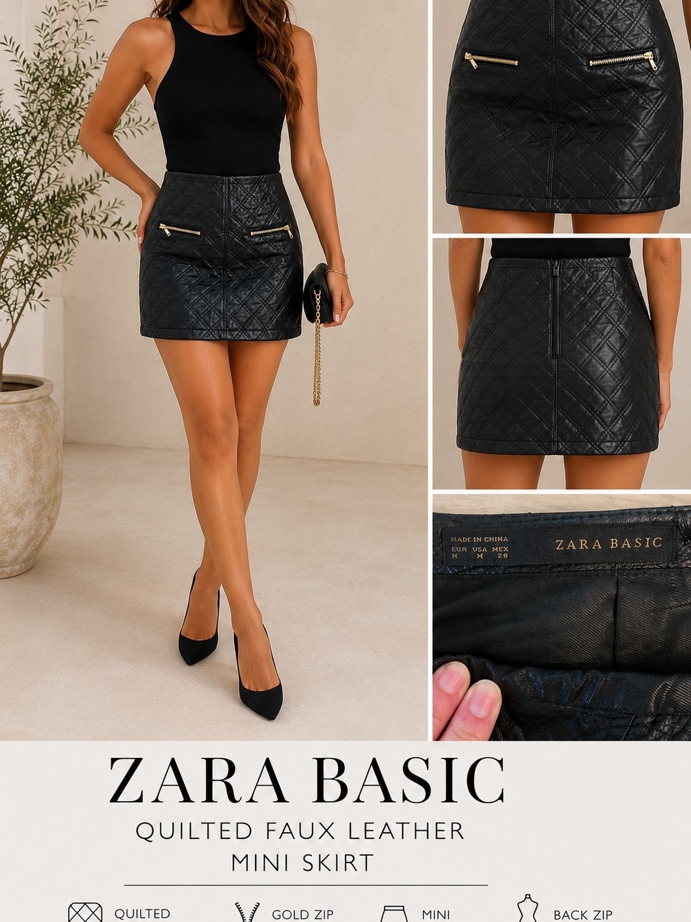 Zara Basic Black Quilted Faux Leather Mini Skirt Gold Zip Pockets Size Medium